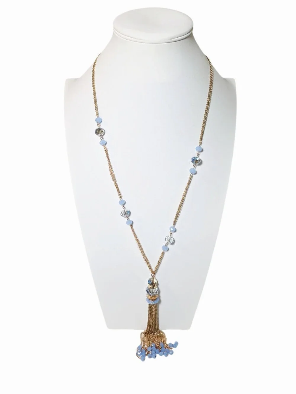 Gold Tassel Pendant Necklace with Periwinkle Blue Beads